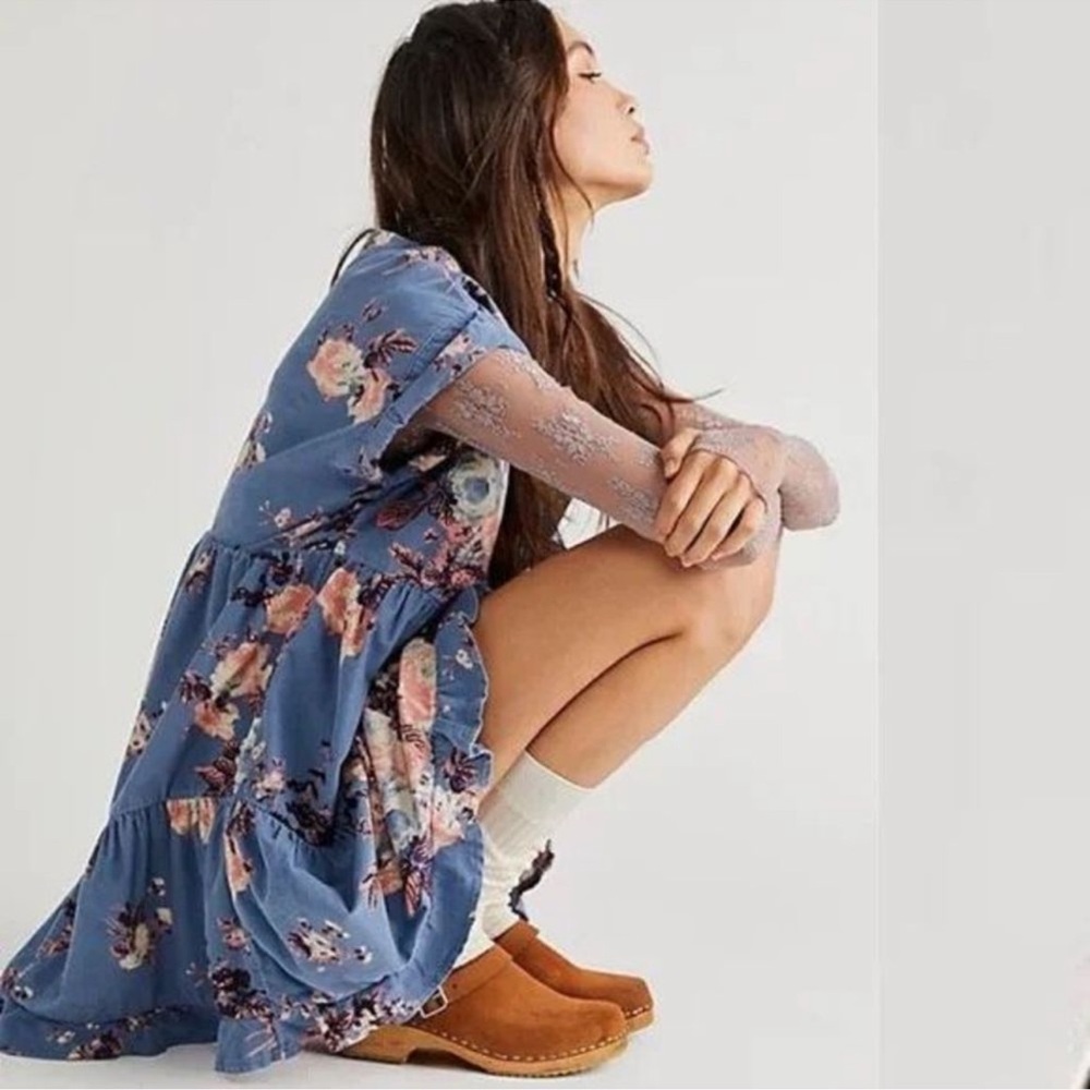 Free People! Harper Corduroy Floral Mini Dress In Blue Combo NWT!